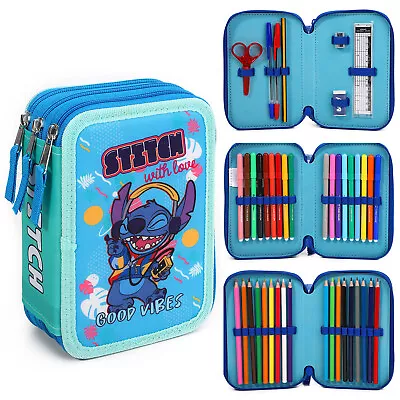 Disney Stitch 3 Tier Pencil Case Multi Compartment Colouring Pens Pencils Set • £16.99