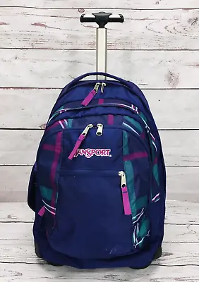 JANSPORT Rolling Wheeled Backpack Carry On Travel 15  Laptop Sleeve Purple Plaid • £67.55