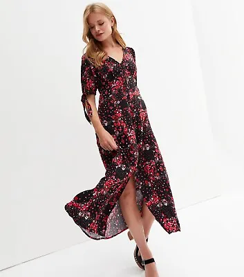 £21.99 • Buy NEW LOOK Black Red Floral V Neck Button Front Tie Sleeve Midi Tea Dress Size 12