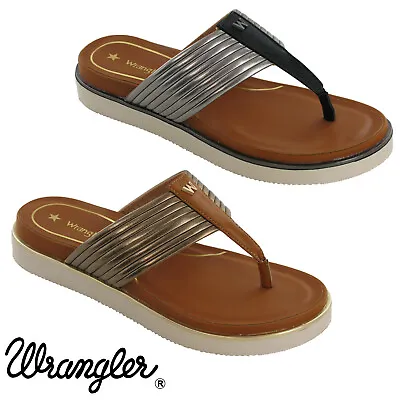 Womens Wrangler Sandals Flat Leather Summer Toe Post Slip On Casual Shoes UK4-8 • $93.94