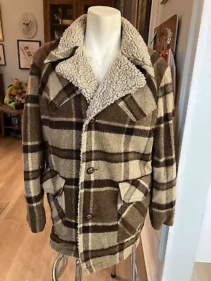 Vintage Woolrich Mens Brown Plaid Sherpa Lined Coat Size 40 Men’s 1970’s Jacket • $79.88