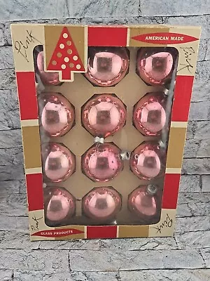 12 Vintage COBY Baby Pink Round Glass Christmas Tree Ornaments+Original Box USA • $10