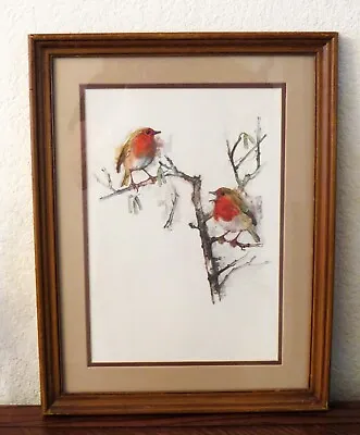 Vintage 80s Framed Danish Watercolor Bird Series Artist Mads Stage  ROBINS  • $125