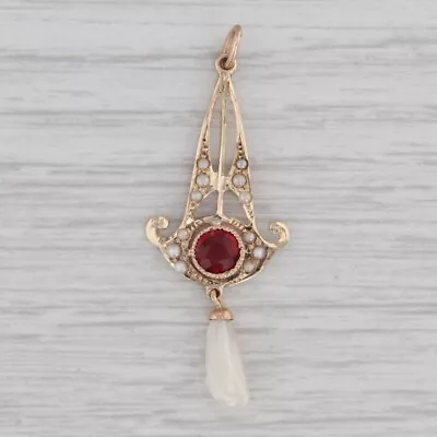 Art Deco Lavalier Pendant 10k Yellow Gold Lab Created Ruby Seed Keshi Pearl • $149.99