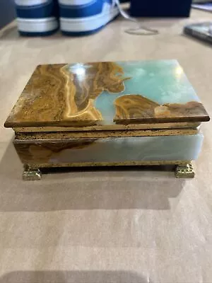 Vintage Green Onyx/Marble Brass Claw Feet Hinged Jewelry Box Green Velvet • $55