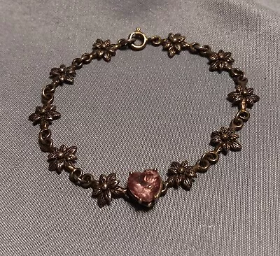 Vintage Sterling Silver Flower Link With Pink Heart Rhinestone Bracelet • $29.99