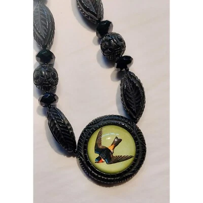 $23.50 • Buy Hotcakes Designs Black Carved Resin Beaded Necklace Swallow Bubble Pendant 