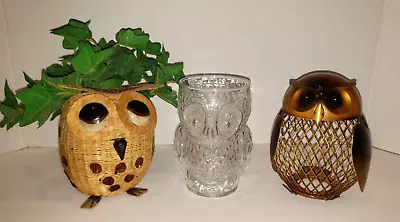 Vintage Mixed Owl Lot Basket Planter Libbey Glass Wicker Metal Bank Boho MCM • $26.95