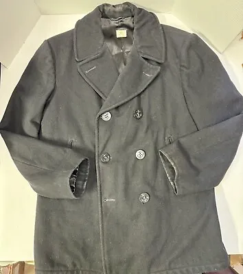 Vintage Wool Navy Pea Coat USA Full Button Size 44 Large • $31.60