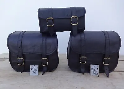 Real Black Vintage Leather 3 Saddle Bag Motorcycle Panniers Tool Pouch Side Bags • $59.70