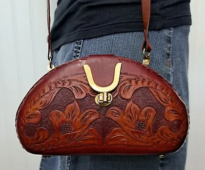 Mini Vintage Handmade Tooled Floral Leather Shoulder Bag Flower Clutch Purse • $16.99