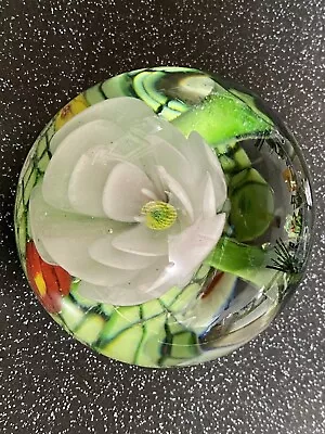 Vintage Art Glass Lg Paperweight Millefiori Lily Pad Tiny Frog Good Condition • £21.99