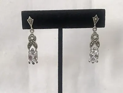 925 Sterling Silver Art Deco Marcasite & CZ Dangle Earrings. Post Backs. • $17.99