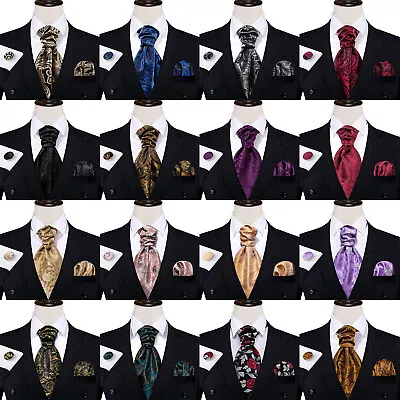 Black Floral Mens Ascot Set Vintage Paisley 100% Silk Scarf Wedding Cravat • $25.98