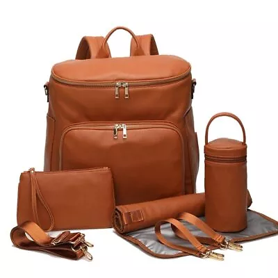 Faux Leather Nappy Bag | Lulu Babe Baby Backpack With Accessories: Tan / Black • $124.95