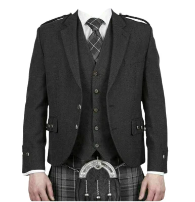 £59.99 • Buy Scottish Argyle Kilt Jacket With Vest  Charcoal Grey  Wool Men Wedding Jacket UK