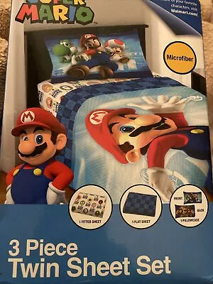Super Mario Kids 3 Piece Twin Sheet Set Gaming Bedding Blue And White Nintendo • $25.69