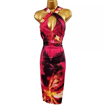 16 UK KAREN MILLEN Signature Red Neon Print Cross Front Wiggle Pencil Dress • £79.99