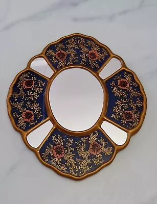 Peruvian Colonial Wall Mirror Flowers Reverse Hand Painted Red Blue Gold Cracked • £37.50