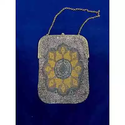 Antique French Steel Cut Micro Beaded Handbag Evening Purse Sunflower Bohemian • $47.50