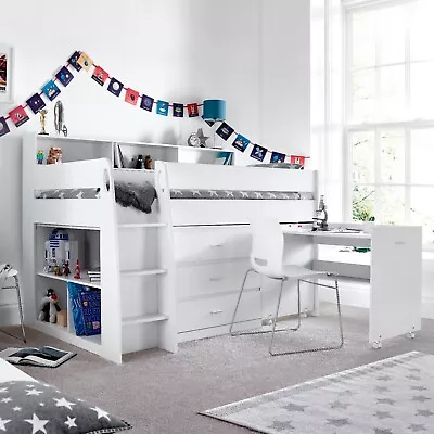 Erin White Mid Sleeper Cabin Bed With Desk With Mattress Kids Bed • £624.99