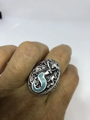 Vintage Southwestern Silver Men's Turquoise Stone Inlay Mermaid 11 Ring • $44
