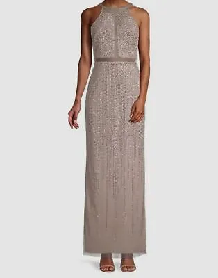 $350 Aidan Mattox Women's Beige Beaded Round-Neck Gown Dress Size US14 • $112.38