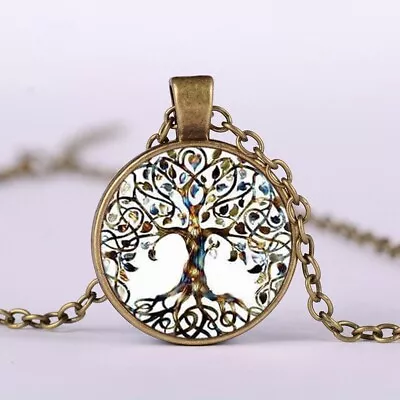 Vintage Tree Of Life Glass Cabochon Pendant Bronze Chain Necklace Jewellery Gift • $8.95