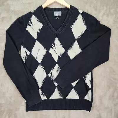 J. Lindeberg V Neck Golf Sweater Black/White Long Sleeve Cotton Men's Size L • $34.88