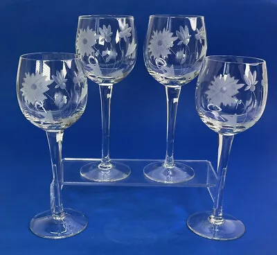 Vintage Crystal Stemware Wine Glasses Cordial With Etched Flowers Set Of 4 • $49.97