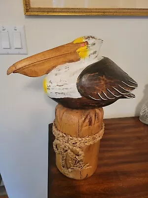Large Carved Wood Pelican On Pier Piling Tropical Sculpture Bird Decor Outdoor • $30