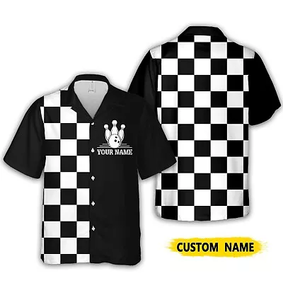 Personalize Name Bowling Team Vintage Bowling Custom Black White Hawaiian Shirt • $22.99
