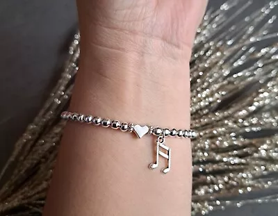 Women Children Silver Plated Bead Stretchy Bracelet~Musical Note Charm ~Heart • £5.99