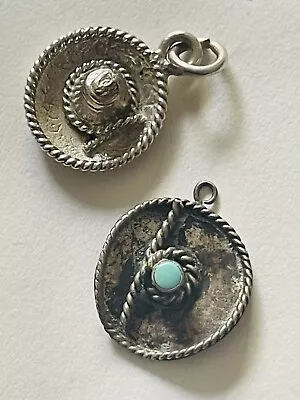 🌼lot Of 2 Mexico Sterling Silver Sombrero Charm Pendants 925 Turquoise • $1