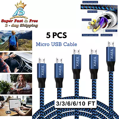 Micro USB Cable Android 2.0 Fast Charger Xbox PS4 Nylon Cord 5 Pack 3 6 10 Feet • $18.10