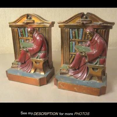 Antique Pair Brass Polychrome Bookends Monk / Friar Reading • $90