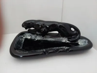 Vintage Crouching Black  Panther/Jaguar Figurine Black & White Ashtray • $139