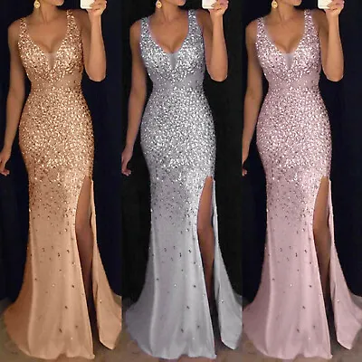 Women Sequin Weddig Cocktail Formal Prom Evening Party Long Maxi Dress Ball Gown • £40.79