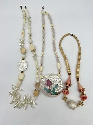 Lot Of 3 Vintage Mosaic Inlay Shell And Mother Of Pearl Beaded Necklaces • $20