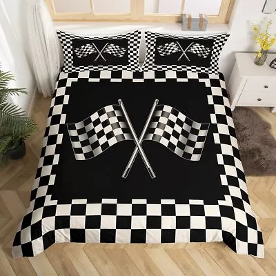 Checkered Flag Duvet Cover Black And White Bedding Set Racing Theme Comforter... • $52.49