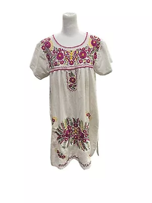 VINTAGE OAXACAN Mexican Handmade Embroidered Cotton Dress Cream Floral • $20