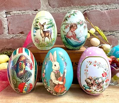 FIVE Easter Egg Tins. 5 Fillable Lithographed Metal Vintage Easter Eggs • $21