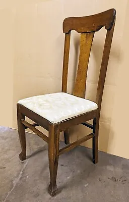Antique Vintage Old SOLID Oak Wood Wooden Dining Side Accent Chair Fabric Seat • $299.99