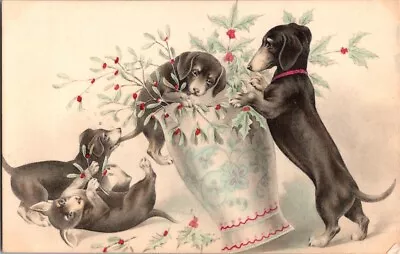 Vtg Dachshund Christmas Postcard French Holiday Dog & Pupplies Playing Unposted • $14.95