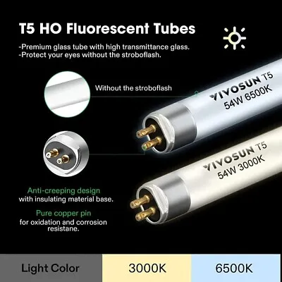 VIVOSUN T5 4FT 54W 3000K  Fluorescent Grow Light Bulbs - Pack Of 5 New In Box  • $49.95