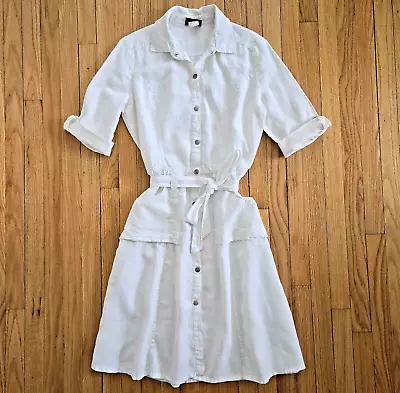 Athleta Linen Dress Womens L White Snap Front Relaxed Pockets Classic Minimalist • $32.95