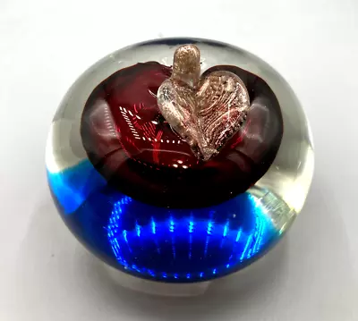 Alfredo Barbini Glass Apple Blue Red Murano Italy Paperweight Gold Speckled Leaf • $39.95