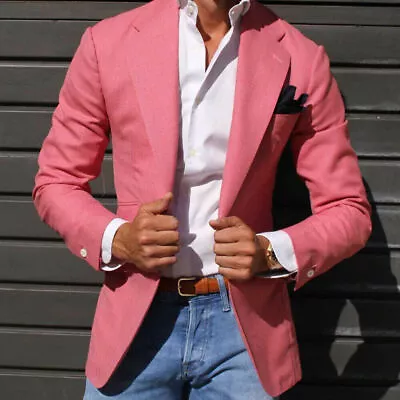 Mens Pink Linen Suits Summer Slim Fit Jacket Business Blazer Tuxedos Customed • $58.50