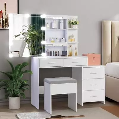 5 Drawers Vanity Desk Set With Large LED Lighted Mirror For Bedroom Makeup Dress • $175.99