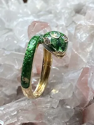 Vintage 18K Yellow Gold & Green Enamel Snake With Diamond Accents Ring Size 7.75 • $685.47